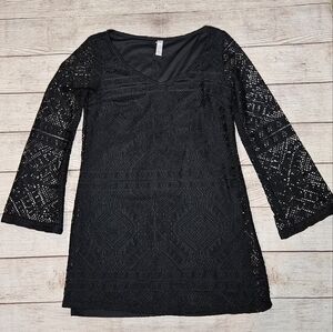 Xhileration black lace bell sleeves boho dress